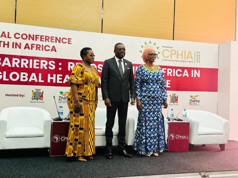 The Director, Institute of Health Research and Co-chair of CPHIA 2023, Margaret Gyapong, the Director-General of the Africa Centre for Disease Control and Prevention (Africa-CDC), Jean Kaseya and the Minister of Health, Zambia, Sylvia  Masebo at a press briefing ahead of the official opening of the 3rd International Conference on Public Health in Africa (CPHIA) holding in Lusaka, Zambia.