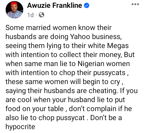 If you are fine with your husband duping people, you should be fine with him cheating on you - Nigerian man tells women married to fraudsters