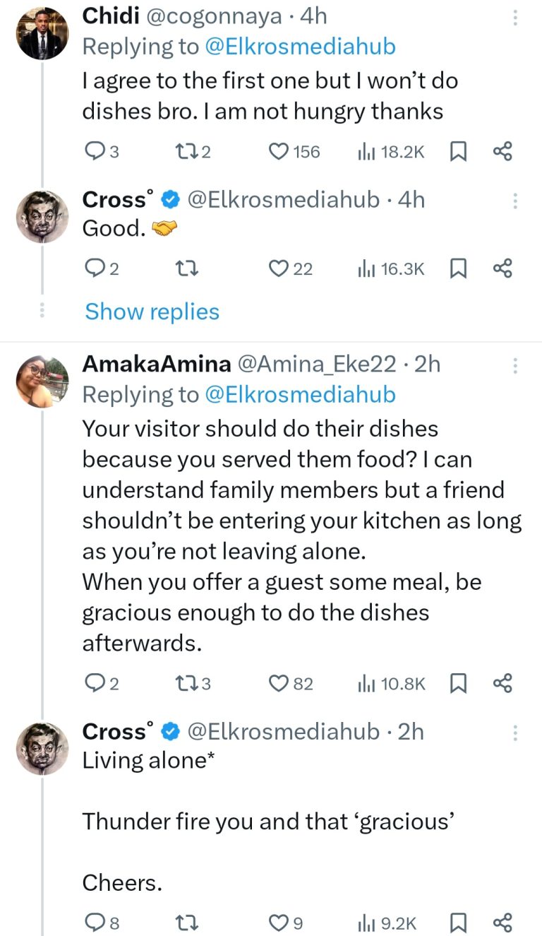 Nigerian man insists all guests at his house must do the dishes after eating