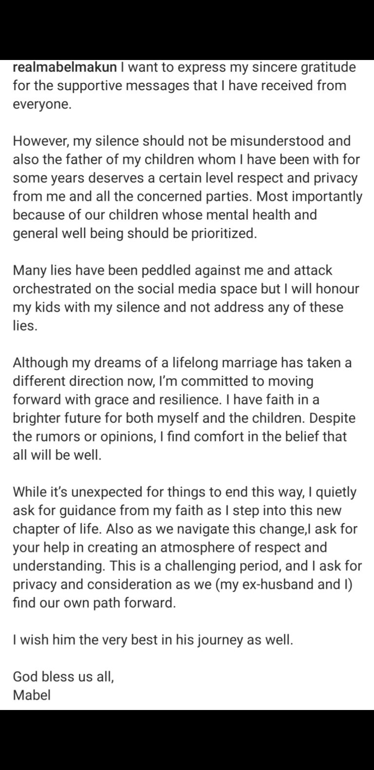 This is a challenging period for my ex husband and I. I ask for consideration - Mabel Makun addresses people peddling lies against her and AY Makun