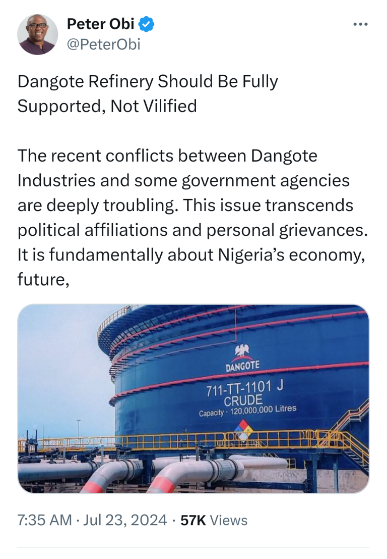 This issue transcends political affiliations and personal grievances -  Peter Obi urges FG to support Dangote Refinery