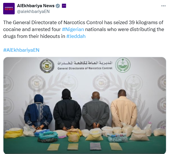 Four Nigerians arrested with 39kg of cocaine in Saudi Arabia