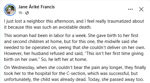 She was in labor for one week - Nigerian woman narrates how a neighbour died after her husband refused to take her to hospital, insisting on home birth